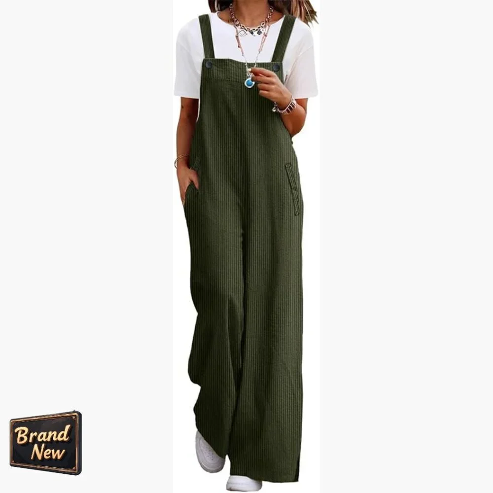 Women's Corduroy Overalls Adjustable Straps Wide Leg Jumpsuit with Pockets